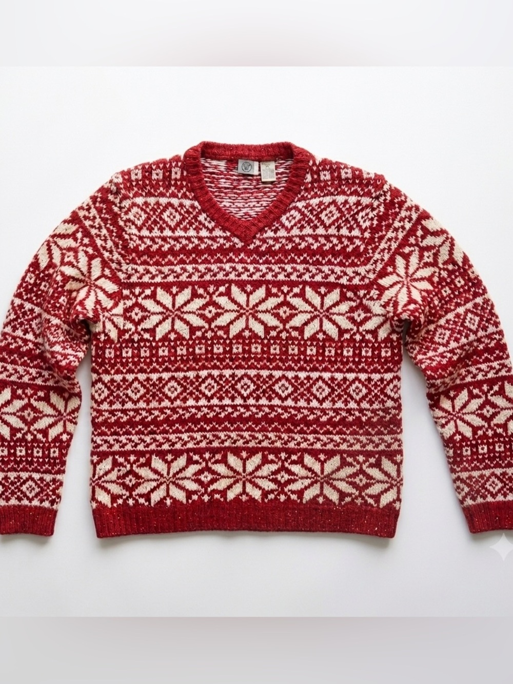 Vintage fair isle cotton knit sweater red white wool blend v-neck Christmas